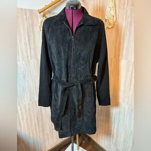 Clothes By Revue Elegant Black Suede Leather Coat Knit Sleeves with Belt Vintage